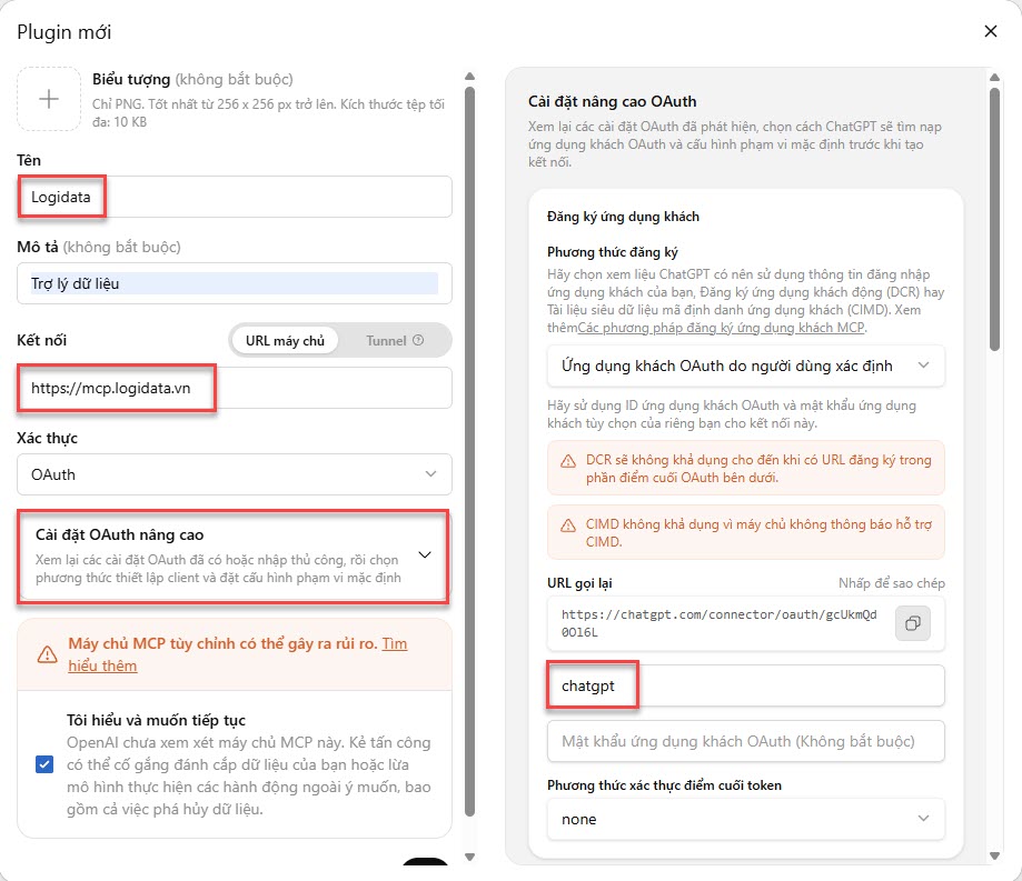 Form bên trái và panel OAuth nâng cao với ID máy khách = chatgpt