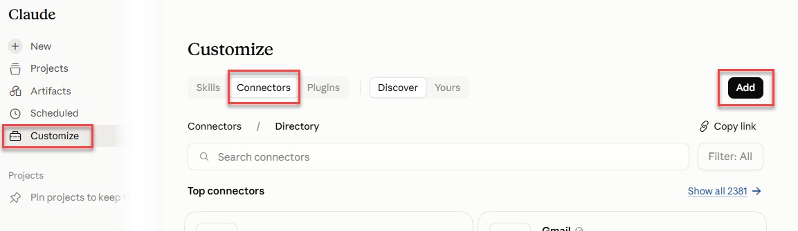 Customize → Connectors → Add