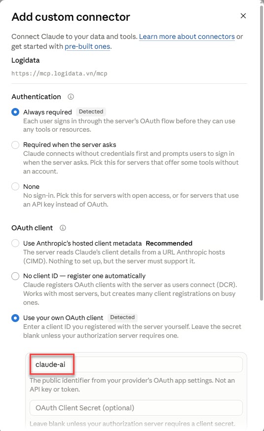 Authentication = Always required, OAuth client ID = claude-ai